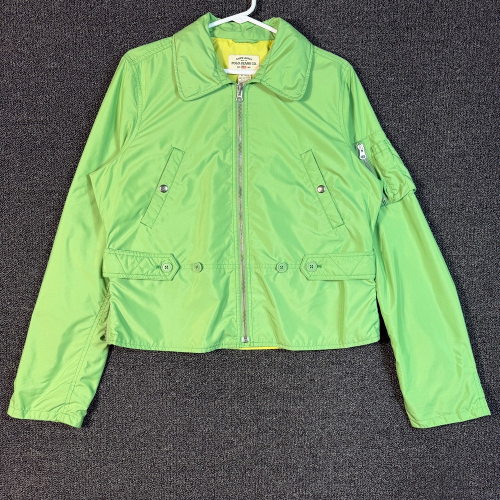 Vintage Ralph Lauren Polo Jeans Co Womens XL Green Yellow Bomber Windbreaker 90s